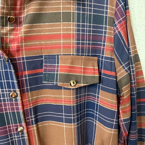 Plaid Long Sleeve Maxi Shirt Dress With Belt – Brown Navy Red - Picture 10 of 11